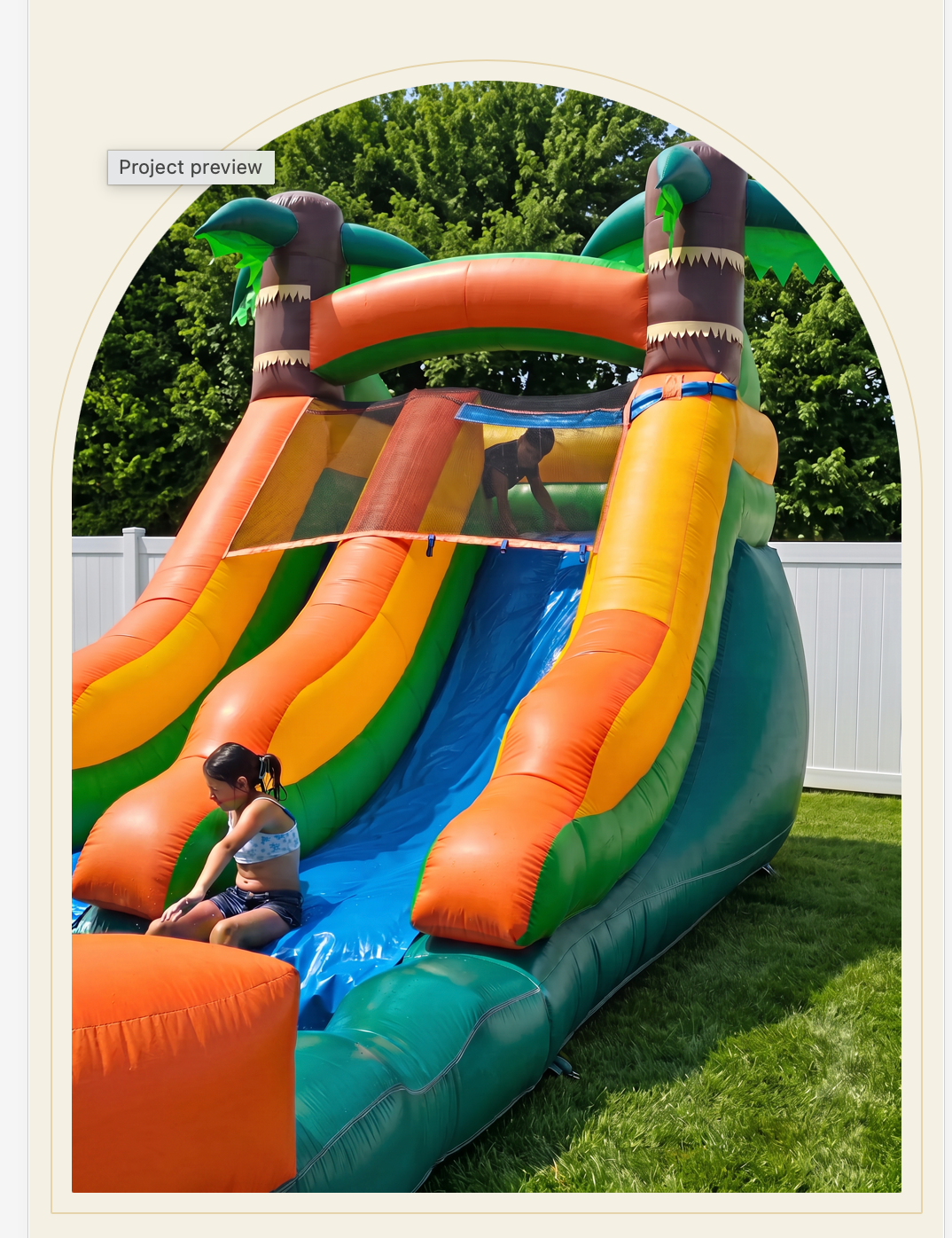 Children enjoying a tropical inflatable water slide at a backyard party